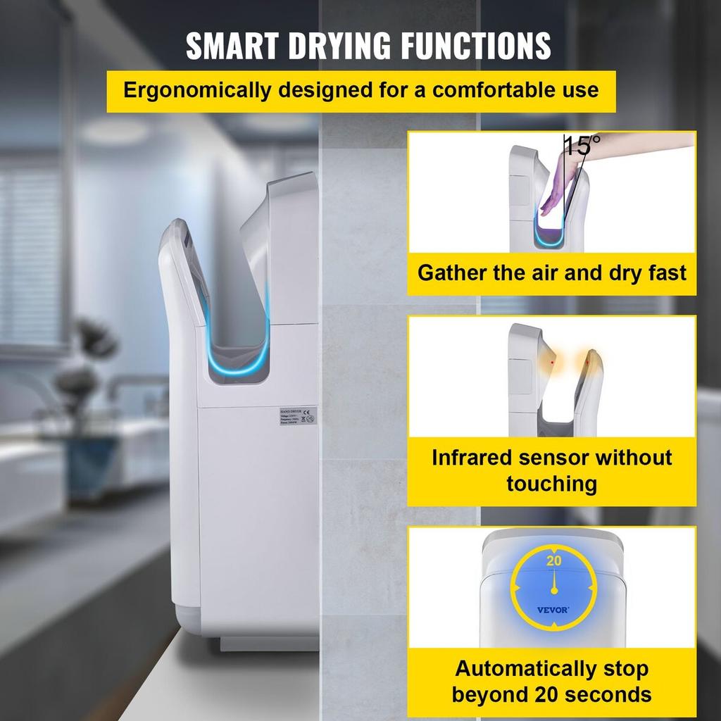 Jet Hand Dryer, Premium Electric Commercial Blade Hand Dryer, ABS Air Dryer Hand with HEPA Filtration Wall Mount Hand Dryer, 2000W 220V Vertical Hand