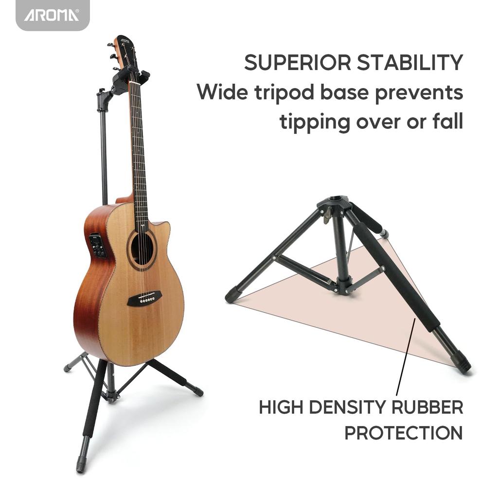 Aroma Portable Guitar Floor Stand with Neck Height Stable Compatible with Guitars and Basses Stand, Tripod-Style Auto-Lock Holder, One-Touch
