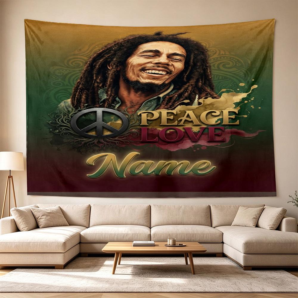 Bob Marley Peace Love Music Vibe Personalized Name Large Decorative Tapestry, Great Holiday Gifts, Photo Backdrop for Bedroom Dorm Parties