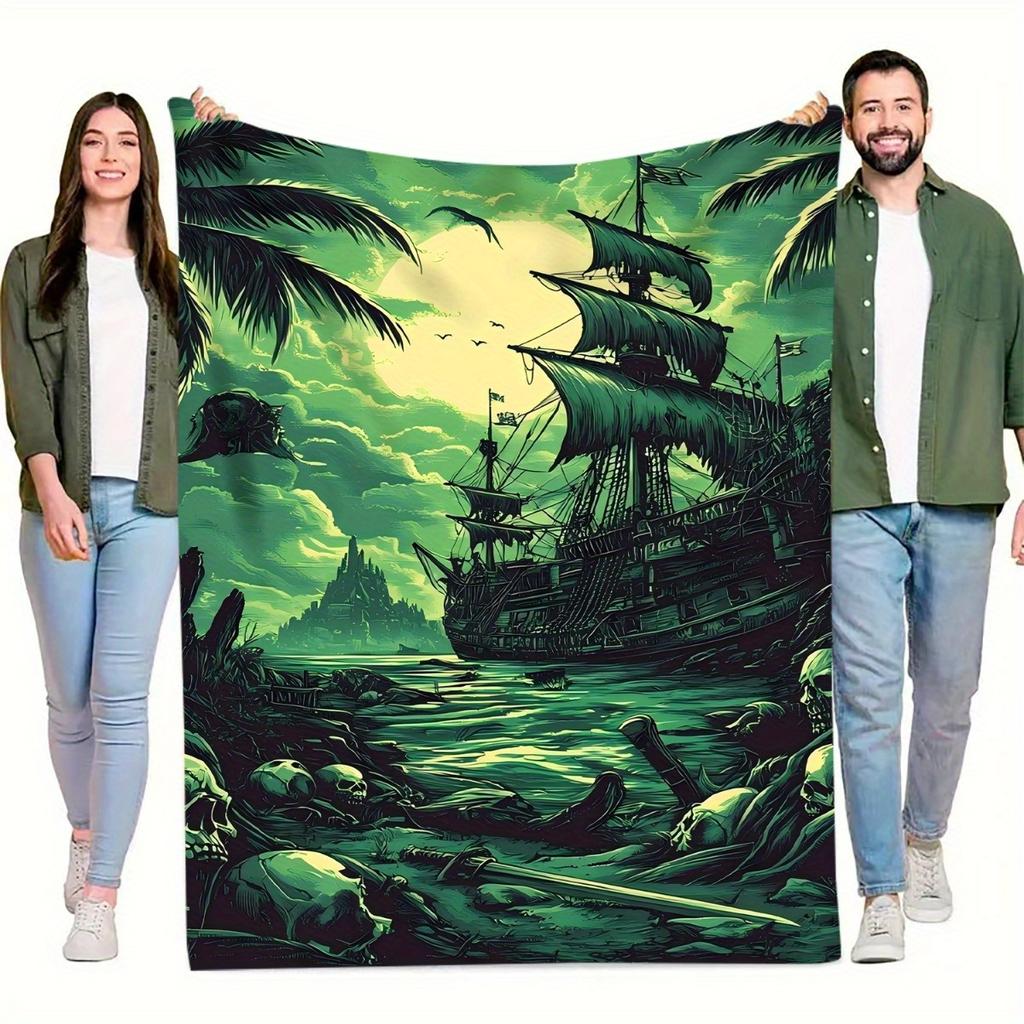 1pc Pirate Ship Wreck Digital Printed Design Blanket - All-Season Soft Flannel Throw with Tropical Beach Scene, Skulls & Palm Tr