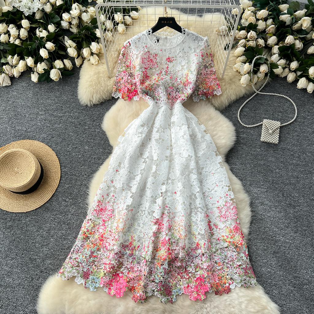 Элегантное длинное платье French Chic для женщин, вязаное крючком, ажурное кружевное, цветочное, женское платье с круглым вырезом, с коротким рукавом, Vestidos, дропшиппинг