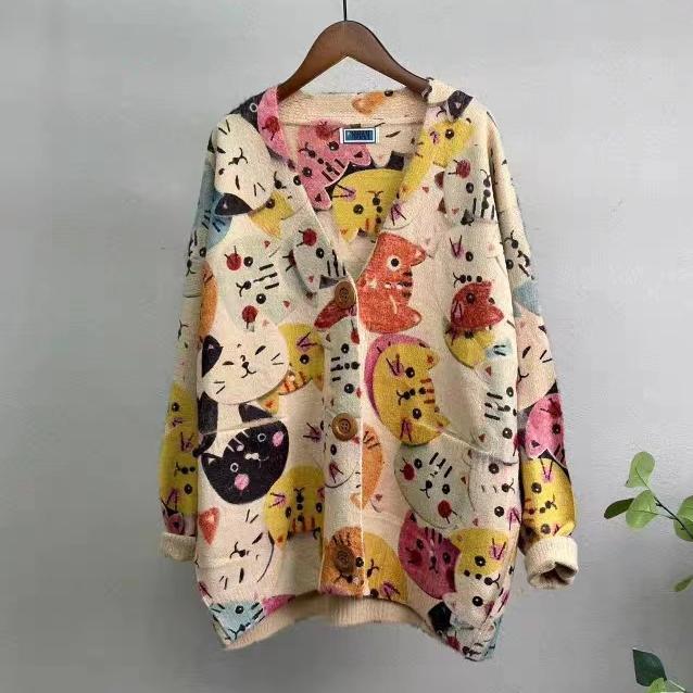 DIMANAF Новинка 2023 года, осенние свитера больших размеров, кардиган большого размера, женские свитера с цветочным принтом и мультяшным принтом, вязаный свободный свитер