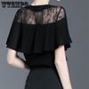 Black Lace Tops Ladies Summer Temperament V-neck Ruffle Chiffon Shirt Short-sleeved Slim T-shirt Niche Chic Peplum Temperament Temperament T-shirt
