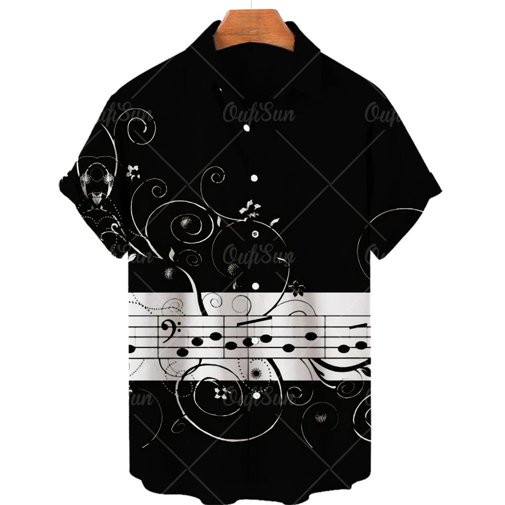 Summer Hawaiian Shirts For Men Music Guitar Printed Tops Clothing Fashion Casual Oversized Collar Rock And Roll Blouses