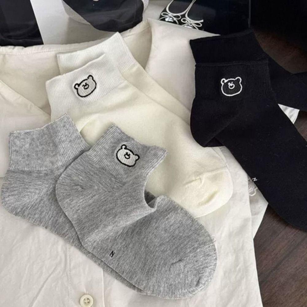 3Pairs Sweet Embroidered Bear Socks Ins Style Short Tube Socks Women Cute Sweet Ankle Socks Lady