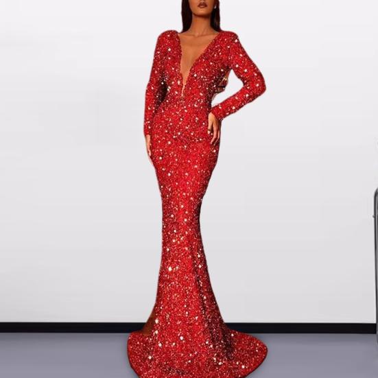 Women Evening Dress Sequin Deep V Neck Long Sleeves Slim Fit Fishtail Hem Sequin Floor Length