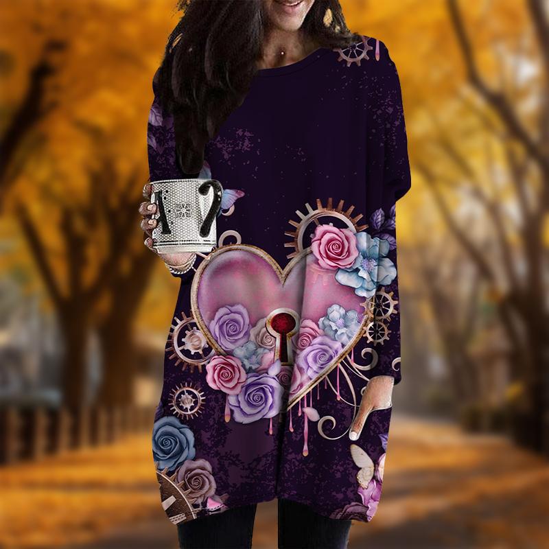 Новинка осени Love Lock Print Plus Size Dress Women O'neck Long Sleeves Casual Pocket Dresses