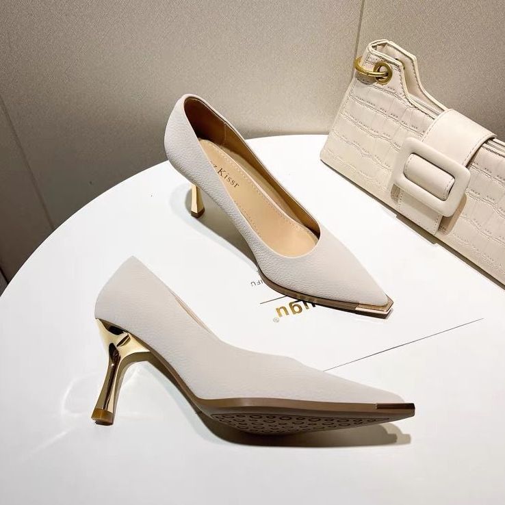 Модная женская обувь 2024 Весенние туфли-лодочки Бежевые туфли на высоком каблуке Рабочее платье Профессиональные остроносые сандалии на танкетке Женские с мелким вырезом Новейшие 12 см Мне