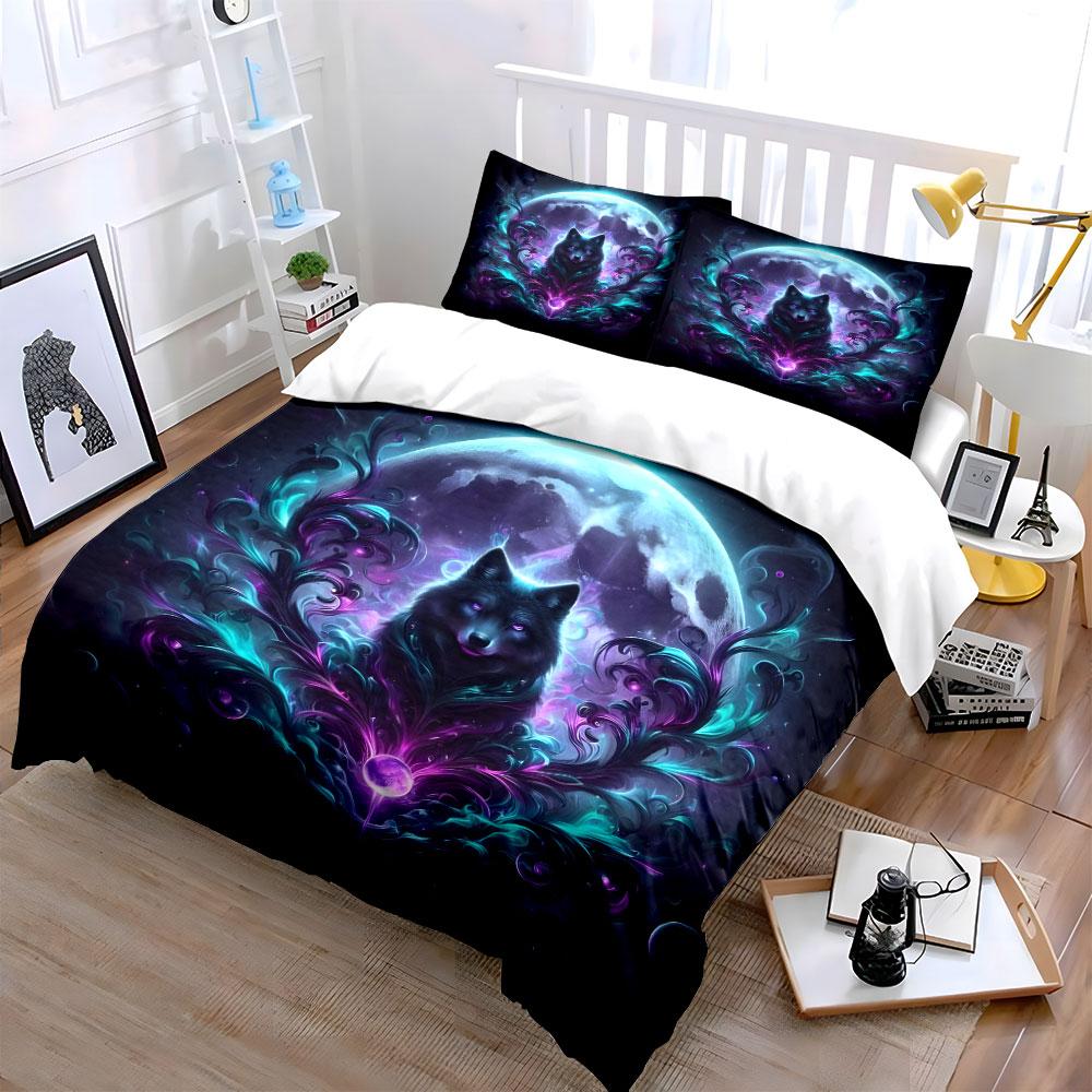 Mystical Wolf and Moon Design Bedding Duvet Cover Set (1*Duvet Cover 2*Pillowcases, without duvet insert)