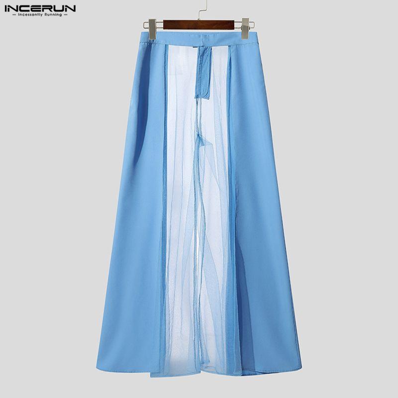 INCERUN Мужские брюки с широкими штанинами, на молнии, с сетчатой полупрозрачной вставкой на талии