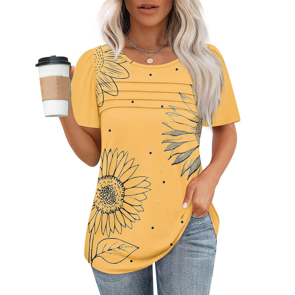T Shirts For Women Pleated Round Neck Dressy Casual Blouses Printing Short Sleeve Summer Tops Loose Fit