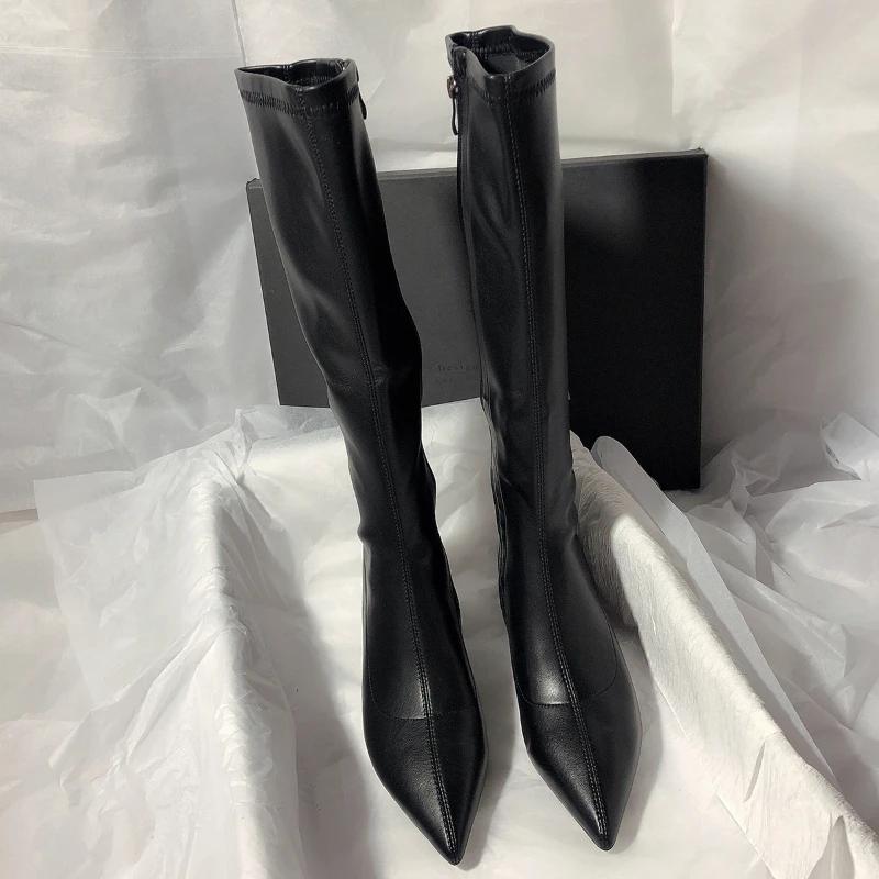 Новые осенне-зимние высокие сапоги с острым носком женские толстые туфли-лодочки модные женские туфли до колена на молнии женские элегантные сапоги Botas Zapatos