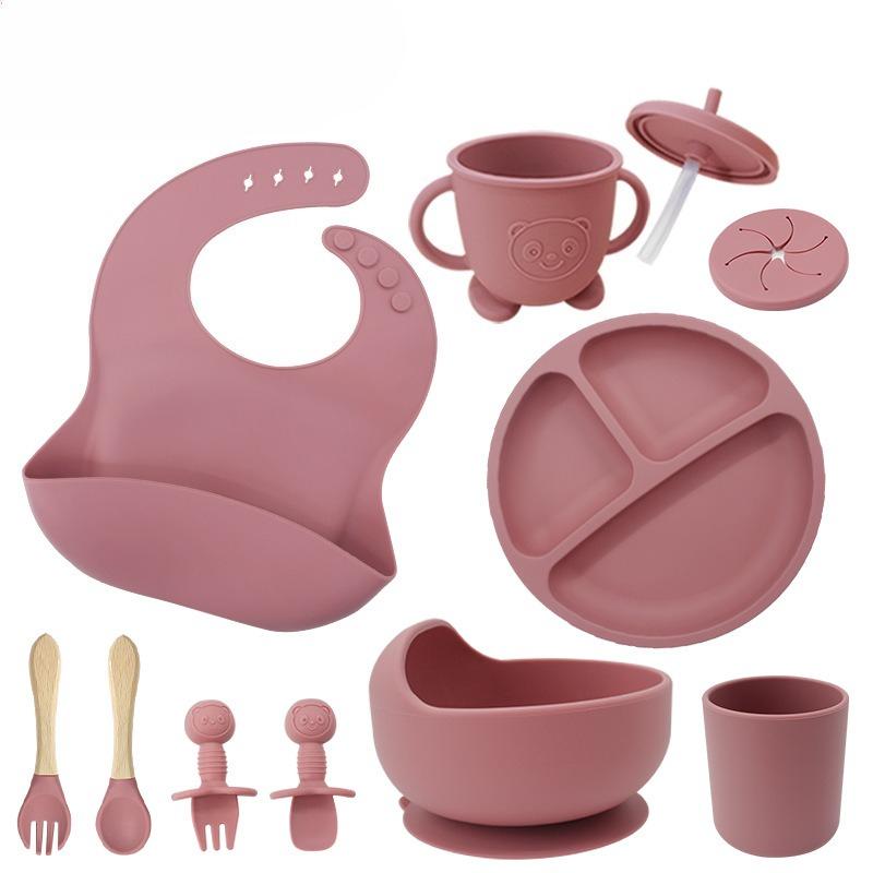 Children's silicone feeding tableware set, with suction cups on the bottom, 10 pieces
