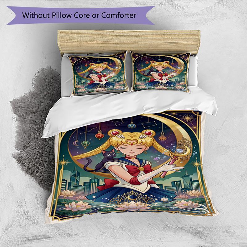 3pcs Duvet Cover Set (1*Duvet Cover + 2*Pillowcase, Without Core), Sailor Moon Print Bedding Set, Bedroom Decor, All‑Season, Birthday Gift