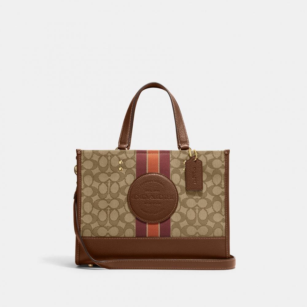 Coach Сумка Dempsey Carryall из фирменного жаккарда с полосками и нашивками Coach, серебристая, черная, дымчатая, черная, многоцветная