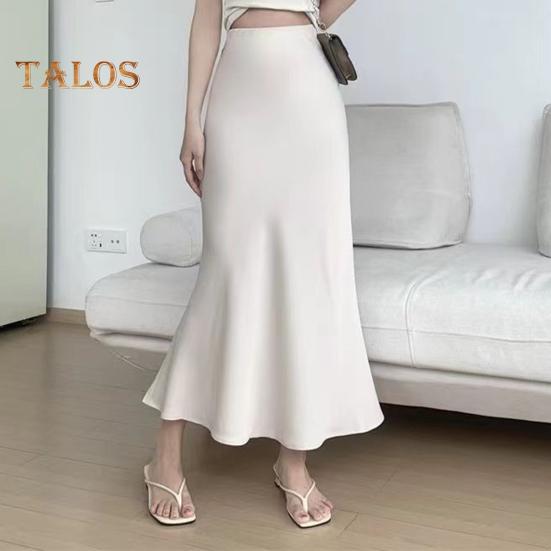 Women Fishtail Skirt High Waist Fishtail Hem Maxi Skirt Solid Color Retro Satin Texture Hip Wrapped Skirt