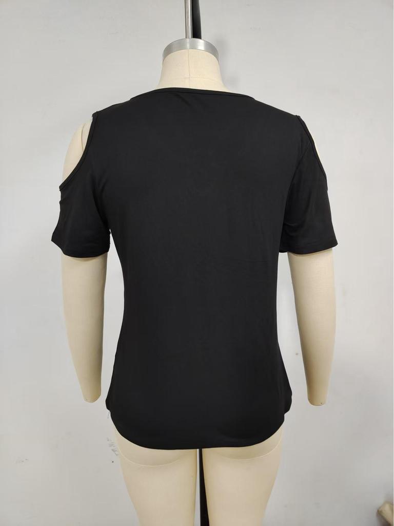 2025 Women's Solid Color V-Neck Off-Shoulder Short Sleeve Loose T-Shirt