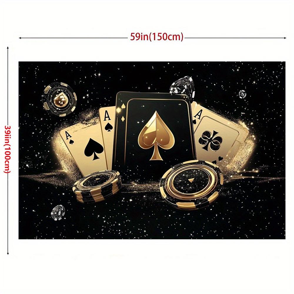 2D plane, elegant poker-themed background banner - Black and gold luxurious design, featuring poker cards and dice
