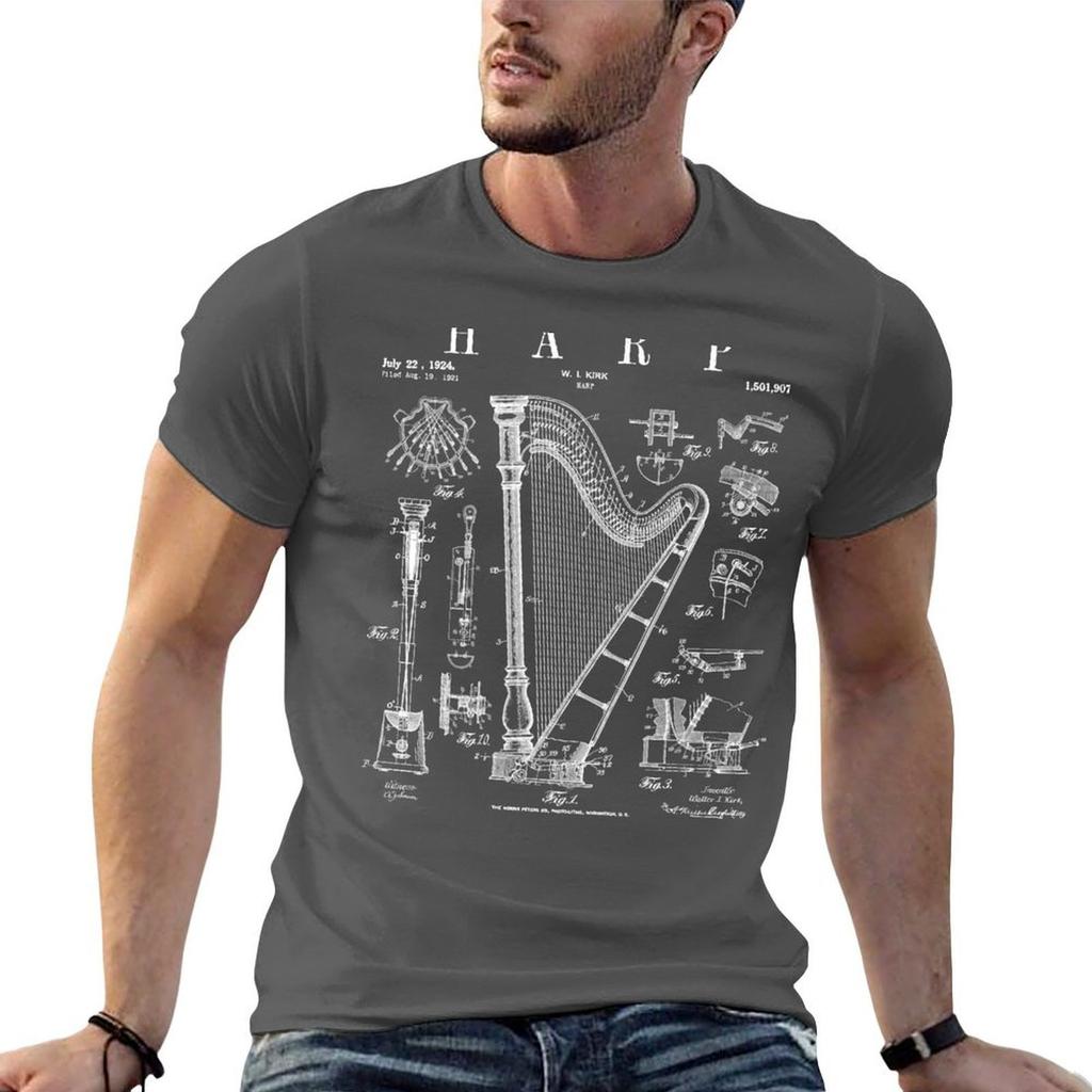Harp Vintage Patent Harpist Drawing Print T-Shirt Cotton T Shirts Man 100% Printed T Shirts for Man Man T Shirts for Men T-Shirt