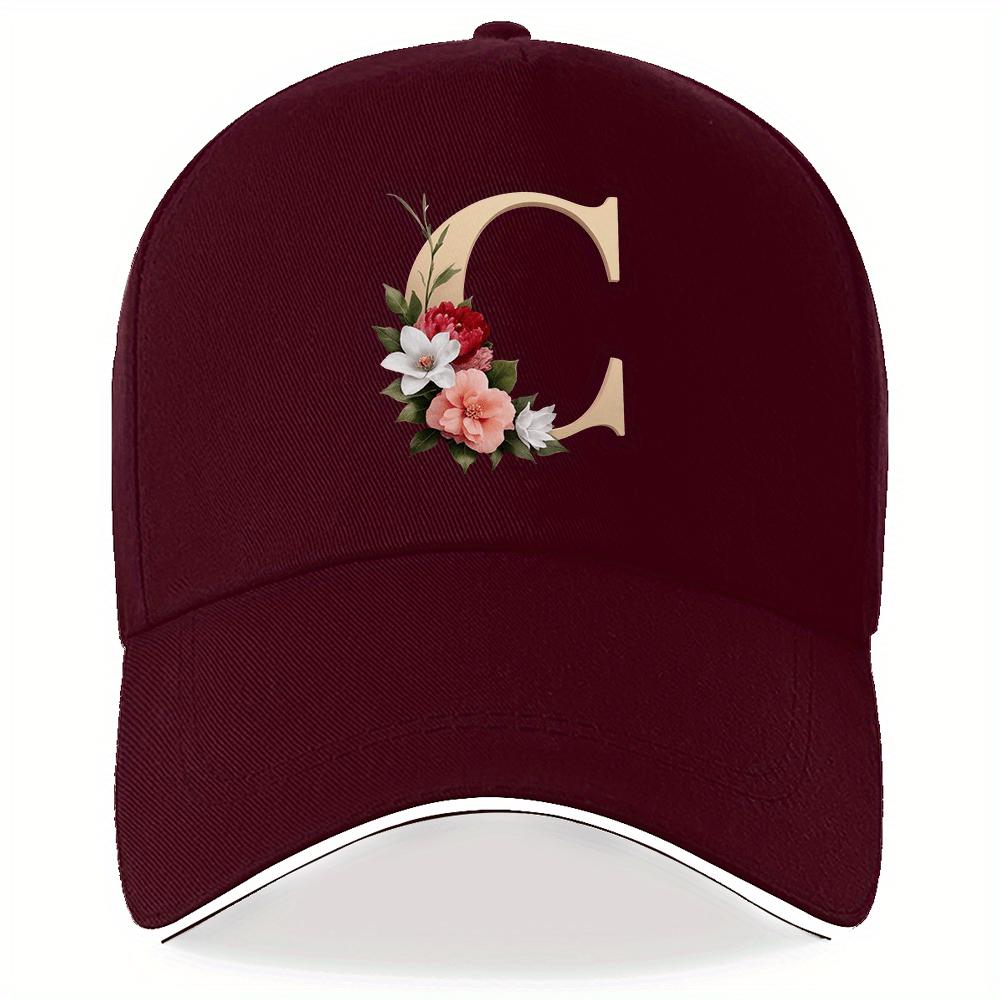 Floral Letter C Monogram Black Baseball Cap Adjustable Polyester Casual Snapback Hat Unisex Adult