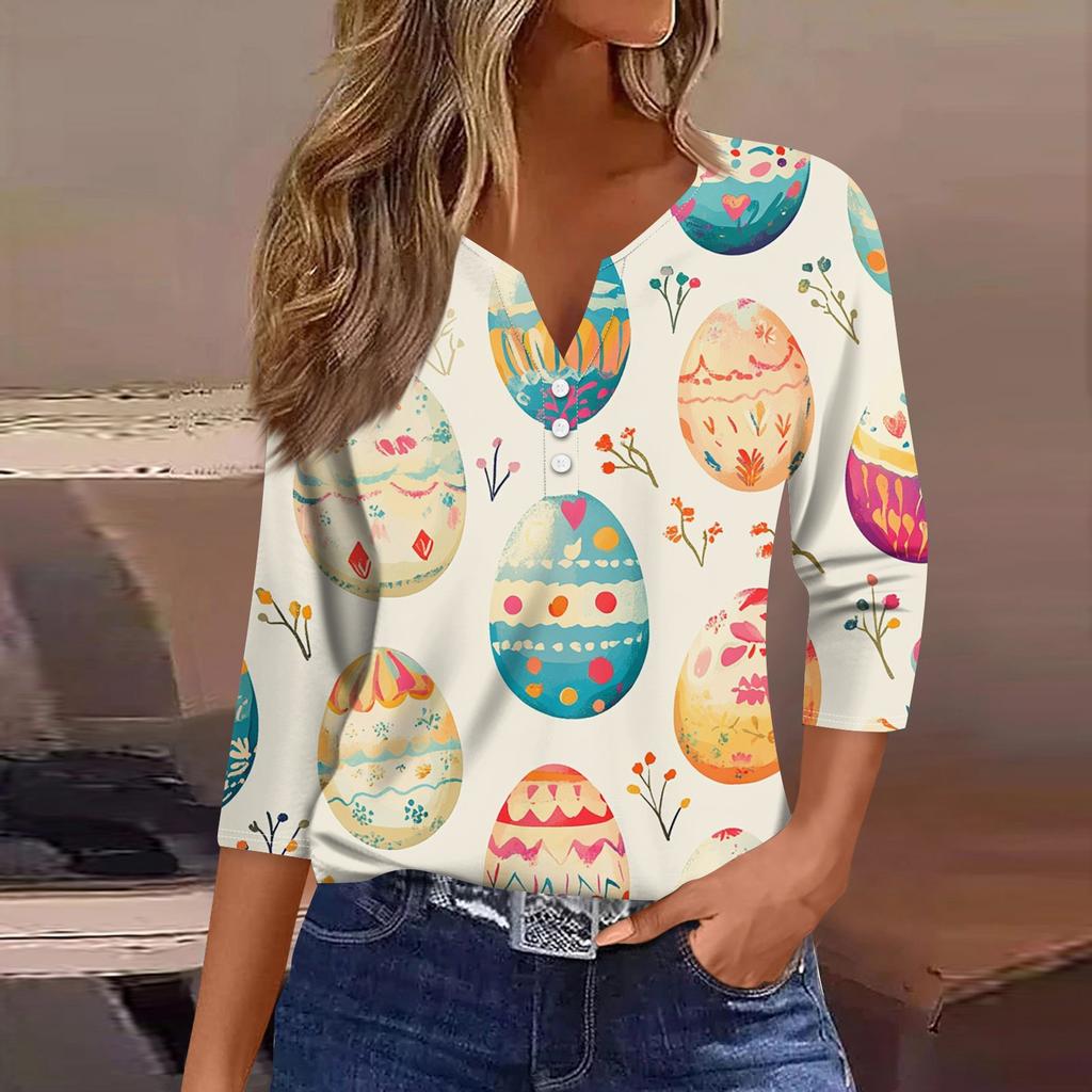 Жен. Футболка Футболка С принтом Пуговицы Рукав 3/4 Повседневные Выходные Мода Классический V-образный вырез Обычный Топ