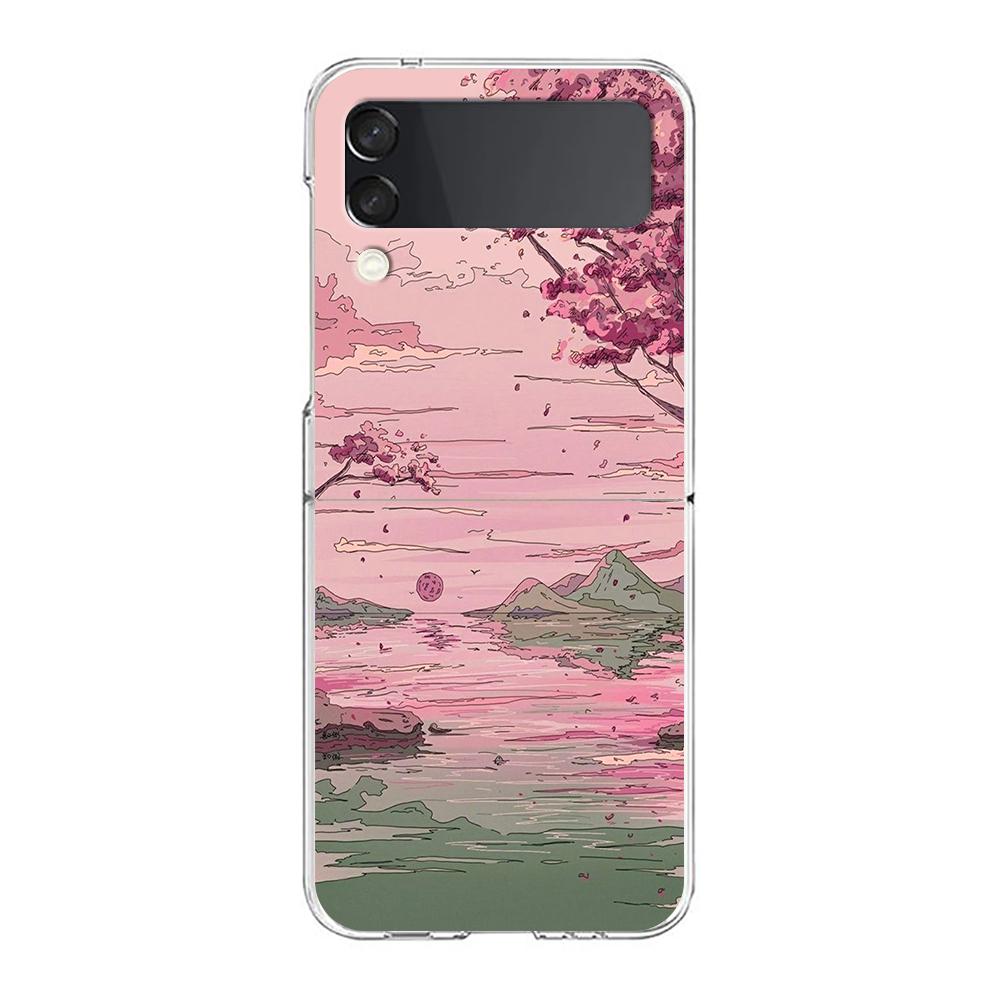 INS Корейский Закат Пейзаж Чехол Для Samsung Galaxy Z Flip 3 4 5G Жесткий HD Складной ПК Чехлы Для Телефона Для Samsung Z Flip3 Прозрачная Крышка