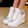 Wedge Heels Shoes for Women Big Size Leather Casual Shoes White Black Rhinestones High Top Sneakers Women Vulcanized Lace Up