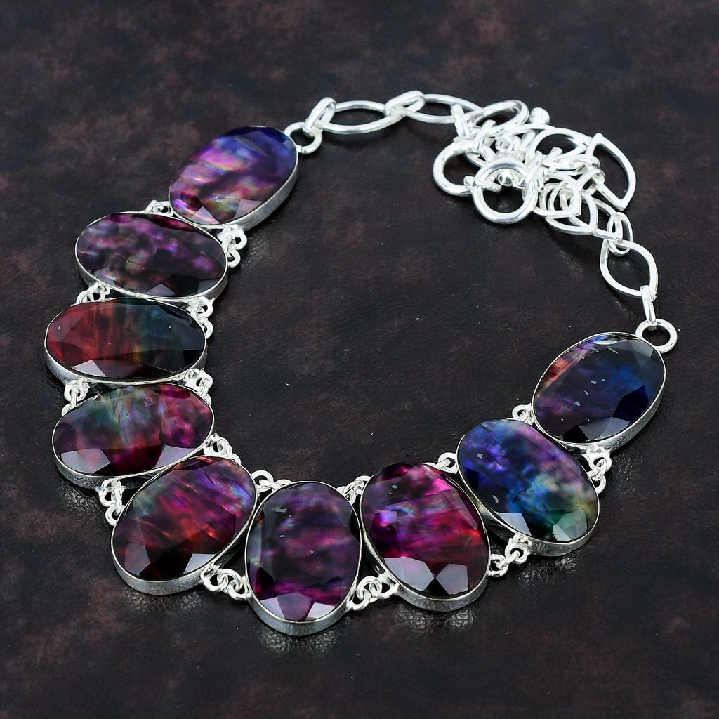 Faceted Ammolite Necklace 925 Sterling Silver Necklace Handmade Adjustable Chain Necklace Gemstone Jewelry Gifts For Wife Brand New Necklace