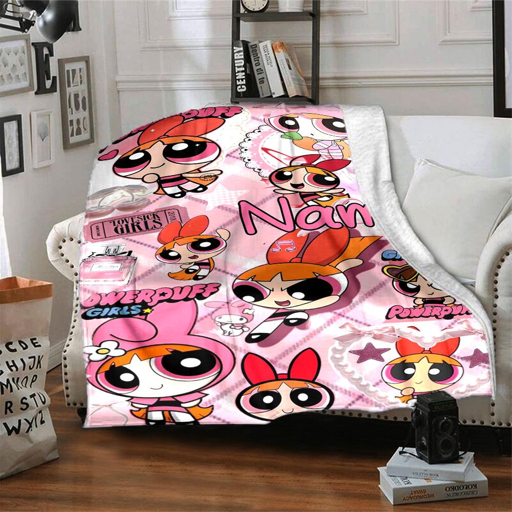 Custom Name Powerpuff Girls Halloween flannel Blanket for Super Soft Cute Comfort Blanket for Travel Bedding Couch Sofa Blanket