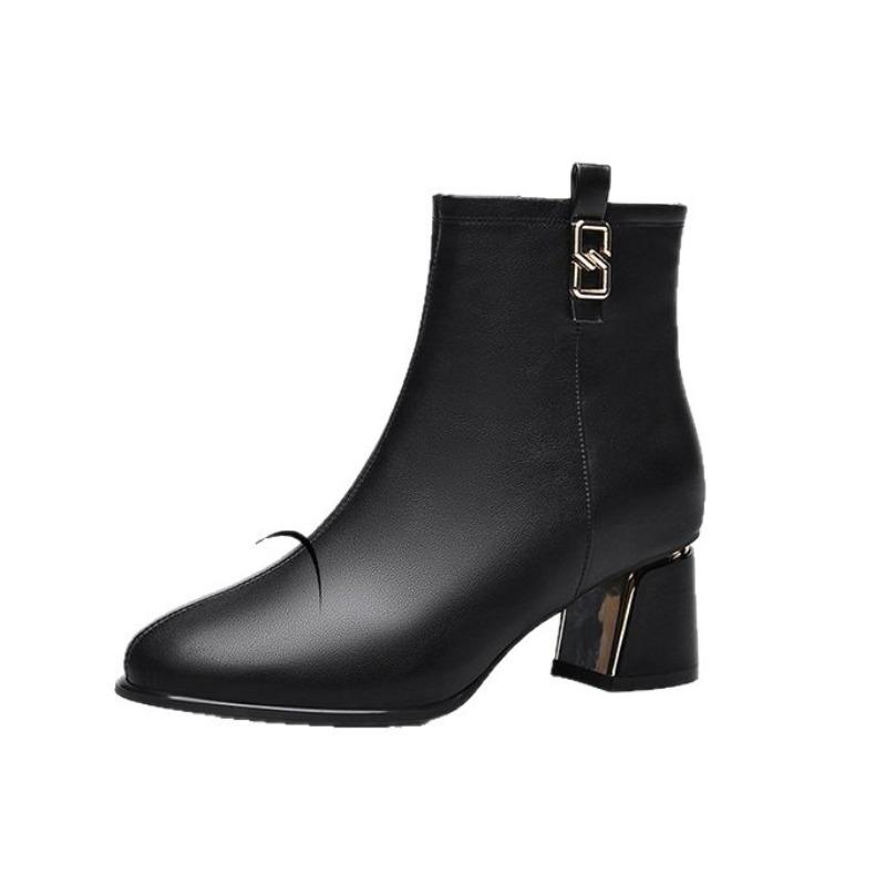 Soft Leather Short Boots Women's Autumn and Winter New Thick Heel Side Zipper Martin Boots High Heel Short Boots Small Leather Boots Thin Boots