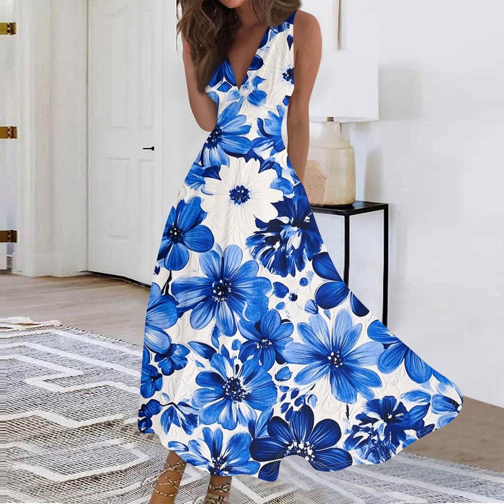 Женские модные повседневные свободные платья с V-образным вырезом без рукавов с принтом