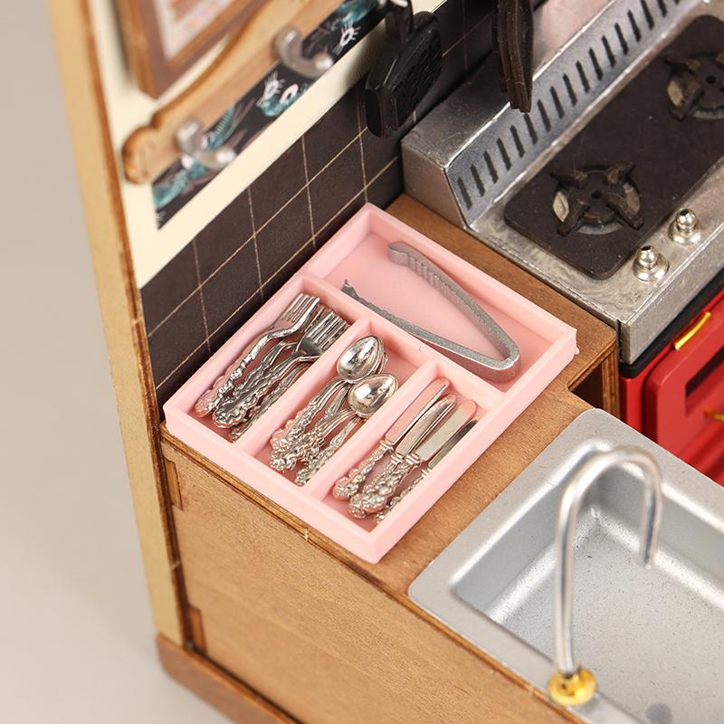 1Комплект 1:12 кукольных мини-ножей, вилок, ложек, зажимов, столовых приборов с ящиком для хранения, кукольные кухонные принадлежности, утварь, декор, аксессуары