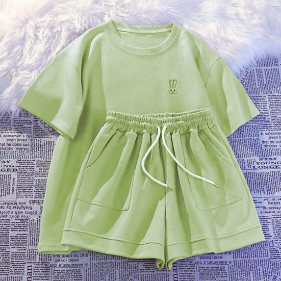 2 шт./компл., женская футболка, шорты, костюм с круглым вырезом, однотонный, с короткими рукавами, топ на шнурке, эластичная талия