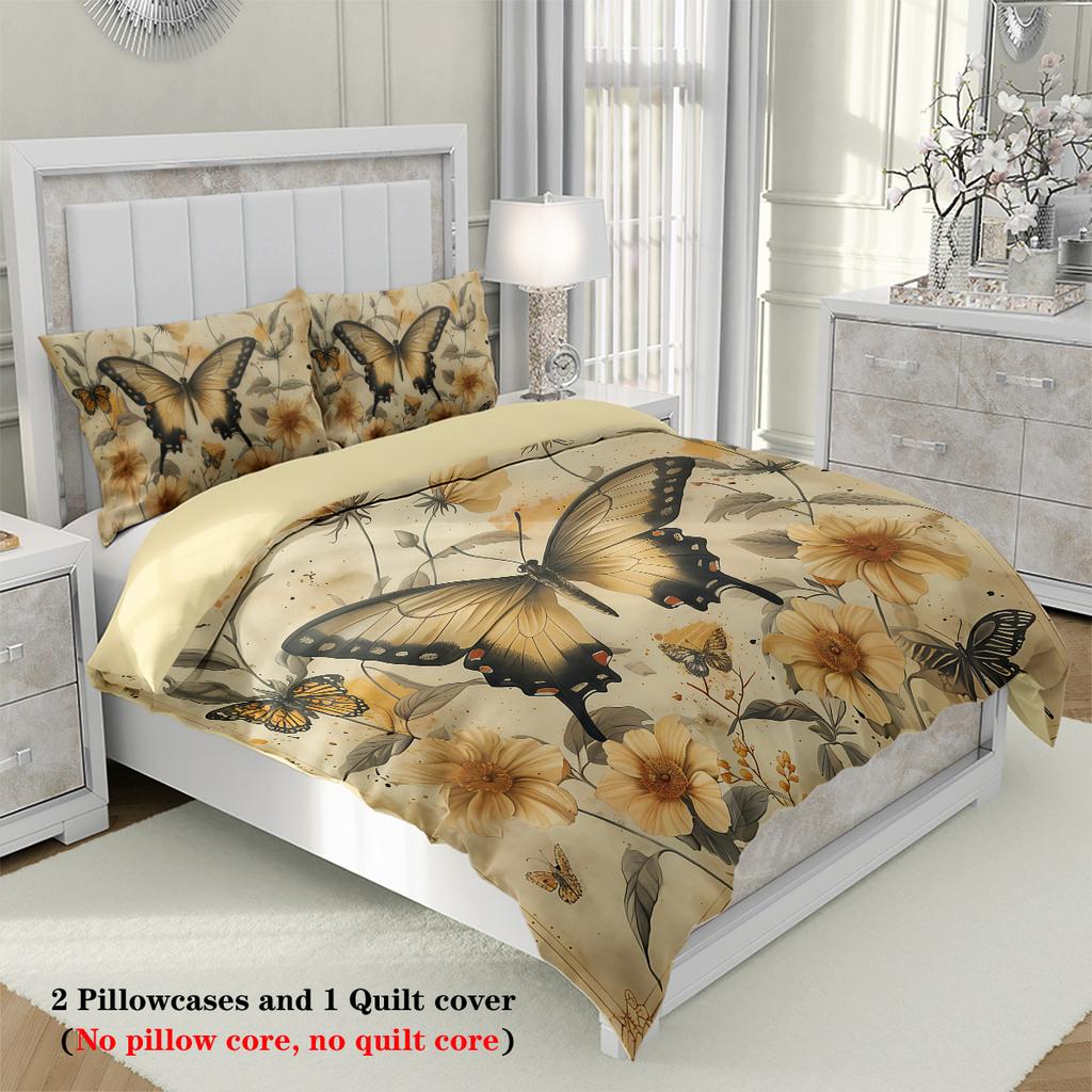 3pcs Retro floral and butterfly pattern bedding set, 1 duvet cover and 2 pillowcases, polyester soft bedroom decoration bedding
