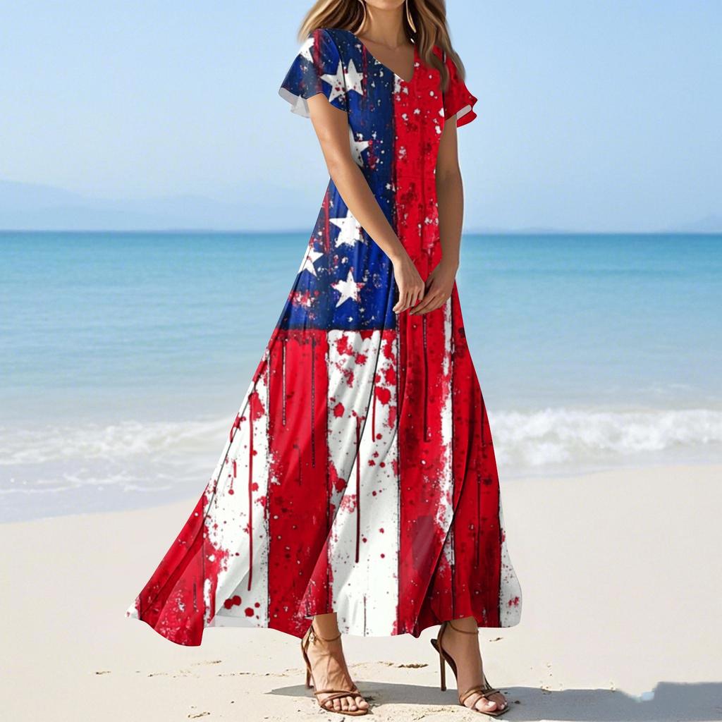 Женские летние повседневные модные платья с принтом ко Дню независимости, платья с коротким рукавом и V-образным вырезом