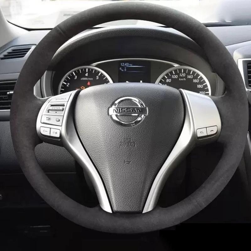 Для Nissan Teana Altima X-Trail Qashqai Tiida Pulsar Navara 2016- Черная замшевая ручная прошивка Чехол на руль автомобиля