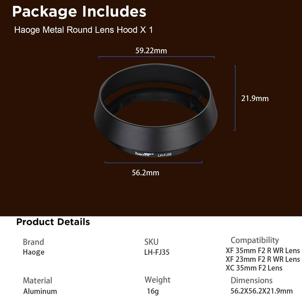 Haoge LH-FJ35 Round Lens Hood for Fujifilm Fuji XF 35mm F2,XF 23mm f2 R WR,XC 35mm F2  Lens Black LH-XF35-2