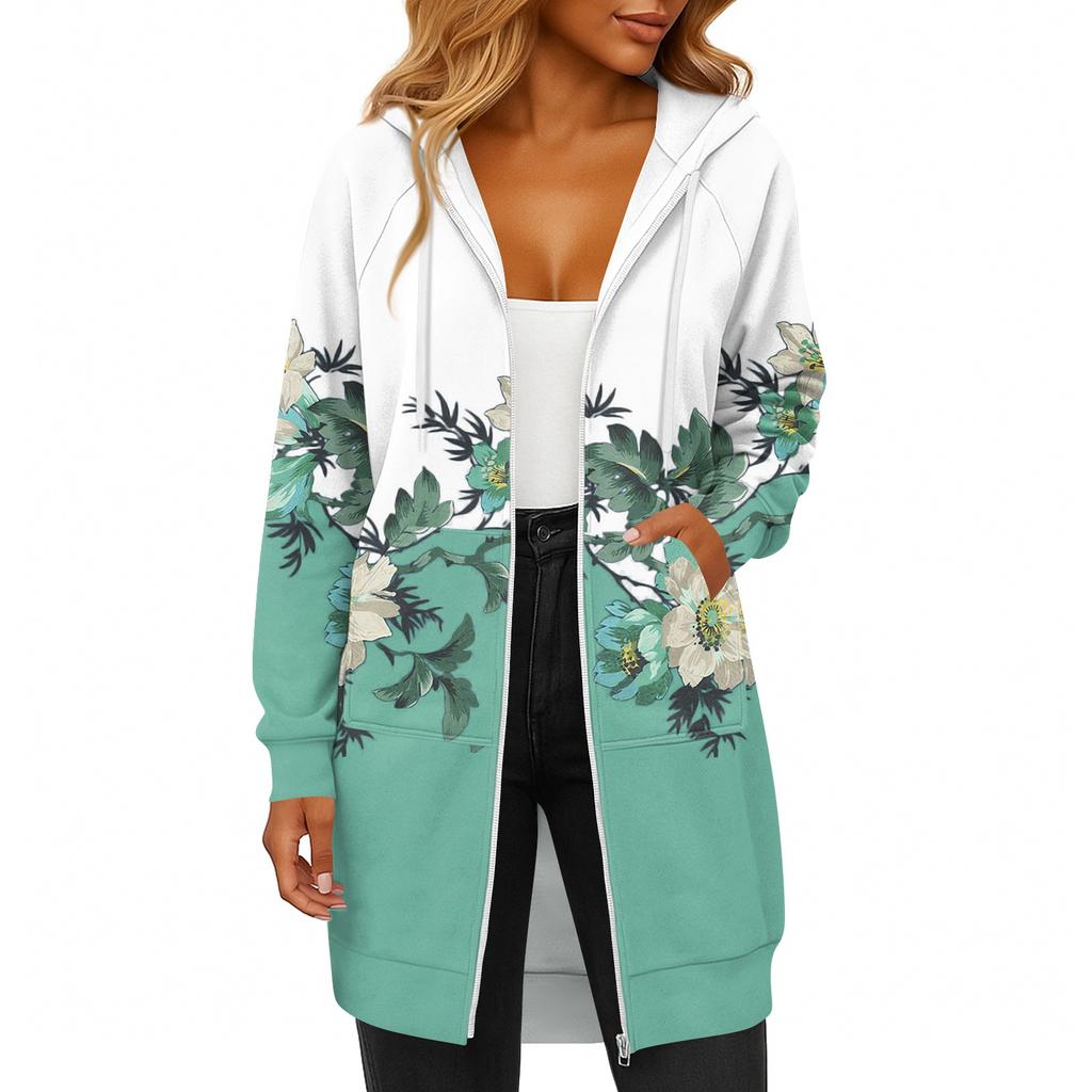 Women's Fashionable Printed Long Sleeved Drawstring Hooded Zipper Pocket Long Casual Sweatshirt Jacket