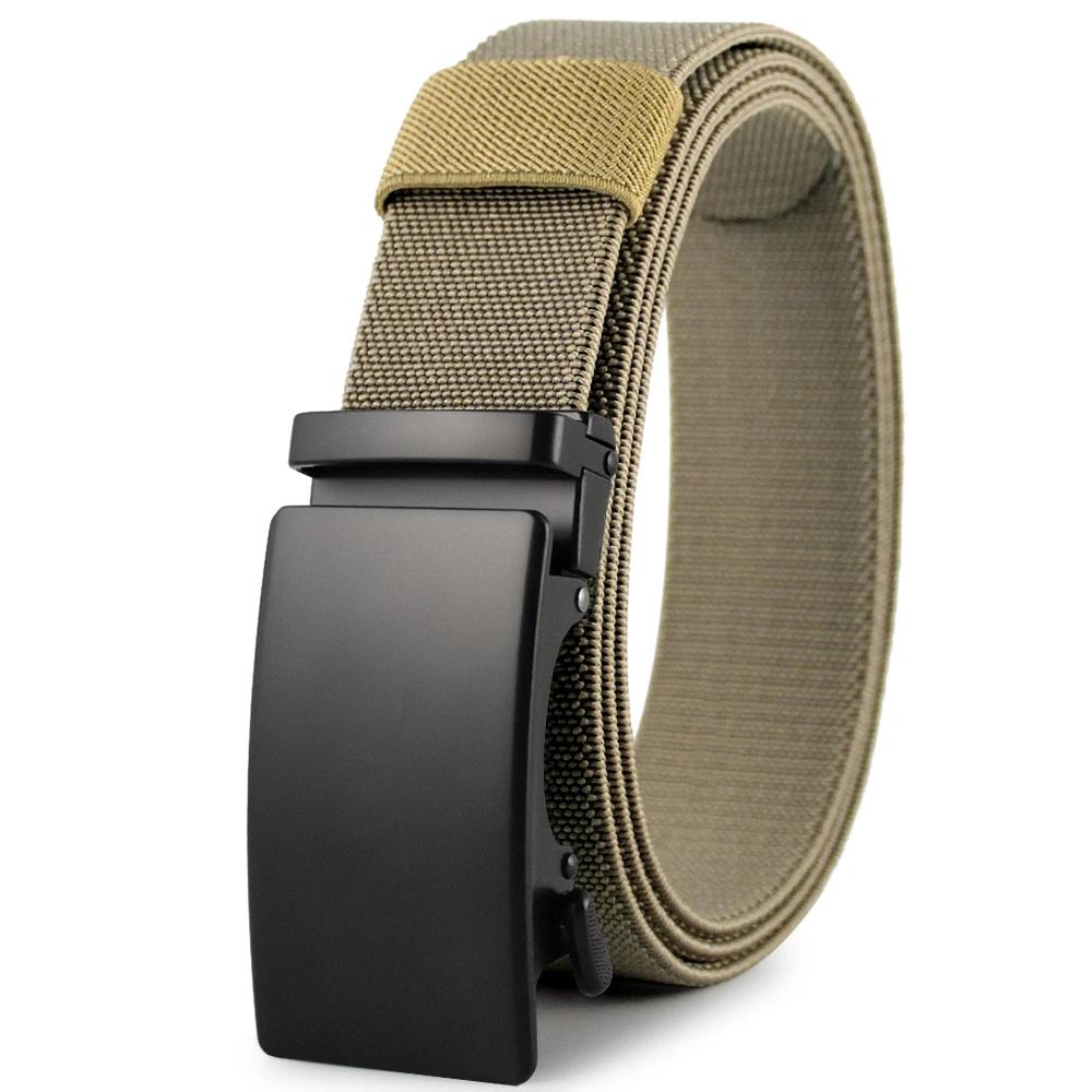 Men Nylon Elastic Golf Tactical Belt, Metal Automatic Buckle, Stretch Durable, Big Size 115-150CM, Military for Sports