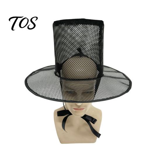 Crisp Fabric Hat Vintage Korean Gat Hat, Black Mesh Wide Brim Joseon Dynasty Three-dimensional Design Scholar with Neck Strap, Halloween Cosplay