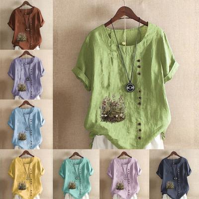 Женская модная футболка с круглым вырезом и коротким рукавом, повседневная хлопковая льняная рубашка с рисунком, свободные летние блузки с принтом растений и цветов для отдыха, топы