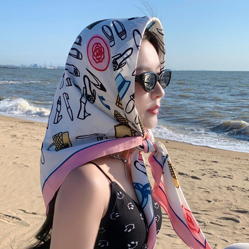 Nordic simple silk scarf long female French retro black and white striped large square scarf tied hair ins headscarf headband shawl