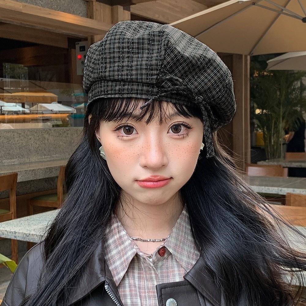 Кепка-берет в клетку в корейском стиле с бантом, женская восьмиугольная кепка, крутая женская шляпа художника, для улицы