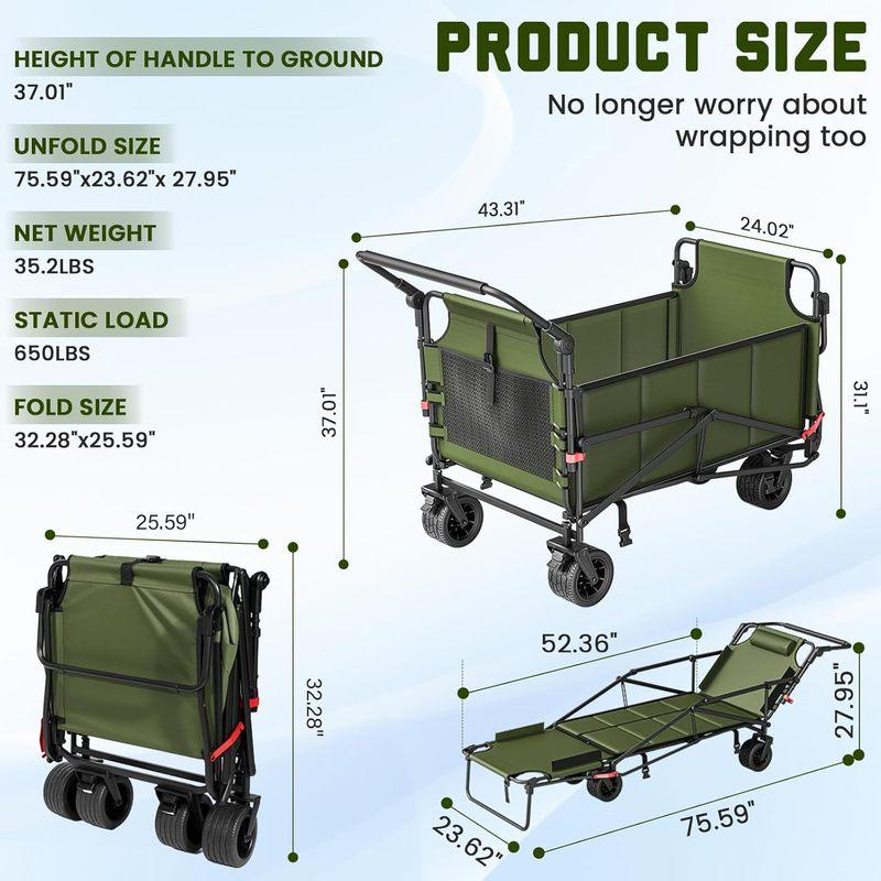 2-in-1 Folding Wagon Cart, 650lb Capacity, All-Terrain Wheels w/Brakes & Side Pockets (Army Green)
