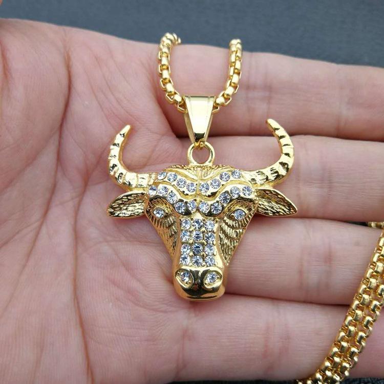 Hip Hop New Bull Head Man Pendant 316L Stainless Steel Fashion Gold Color with Zircon Punk Pendant