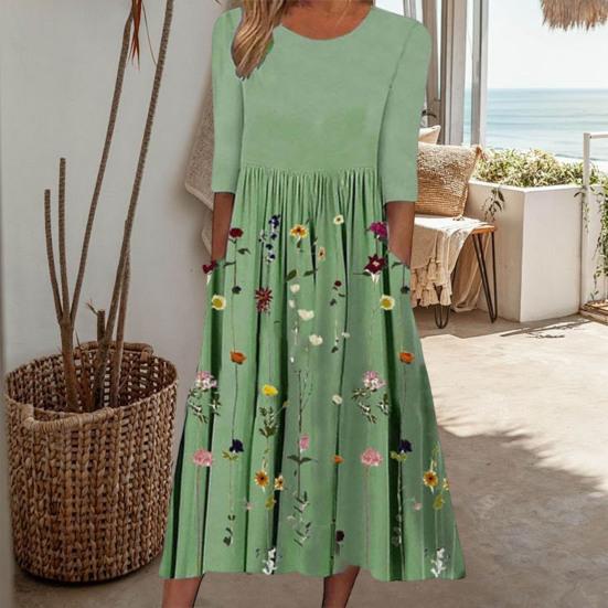 Yousheng Women's Summer Flowy Midi Dress Boho Floral Pleated Dress with Pockets Casual Half Sleeve Crew Neck Swing Dress