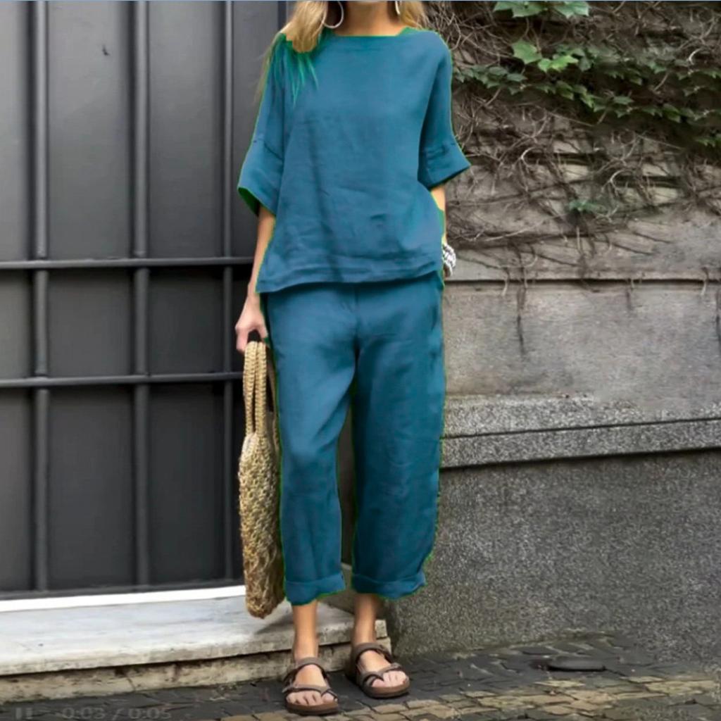 Женский однотонный повседневный хлопковый льняной комплект с рукавами 3/4 и круглым вырезом, топ и брюки