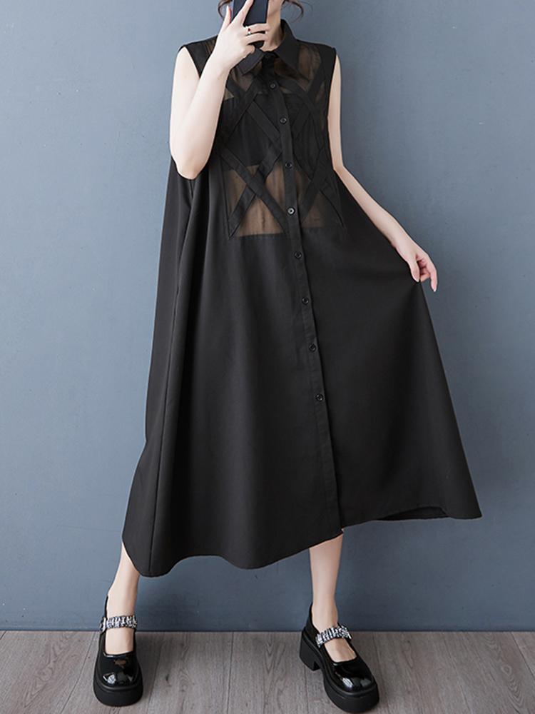 Xitao Patchwork Mesh Turn-down Collar Dress GYX1407