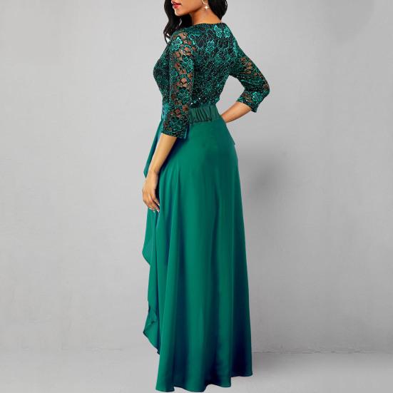 2 шт./компл., женское платье для выпускного вечера, комплект с юбкой, ажурное кружевное платье с рюшами и подолом, высокая талия, круглый вырез, рукав три четверти, длина до щиколотки, банкетное платье макси