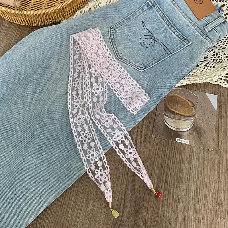 Lace Silk Scarf, Long Strip, High-end Bow, Small Pendant, Scarf, Headscarf, Headband, Decorative Scarf, Waist Belt Can Be Tied.